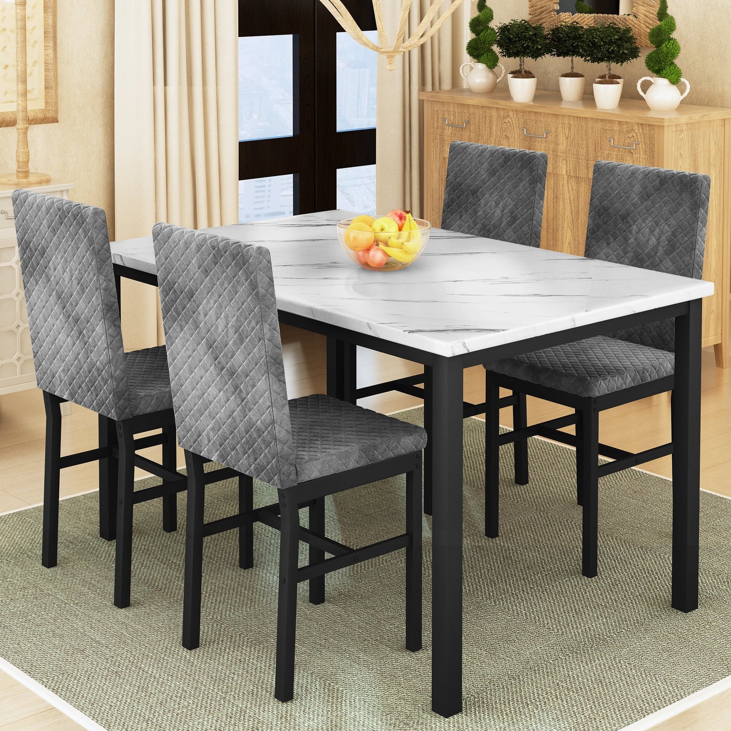 LTTROMAT 5 Piece Dining Table Set, Kitchen Table and Chairs Set for 4 with Faux Marble and 4 Velvet Upholstered Dining Chairs for Home, Restaurant, White & Grey