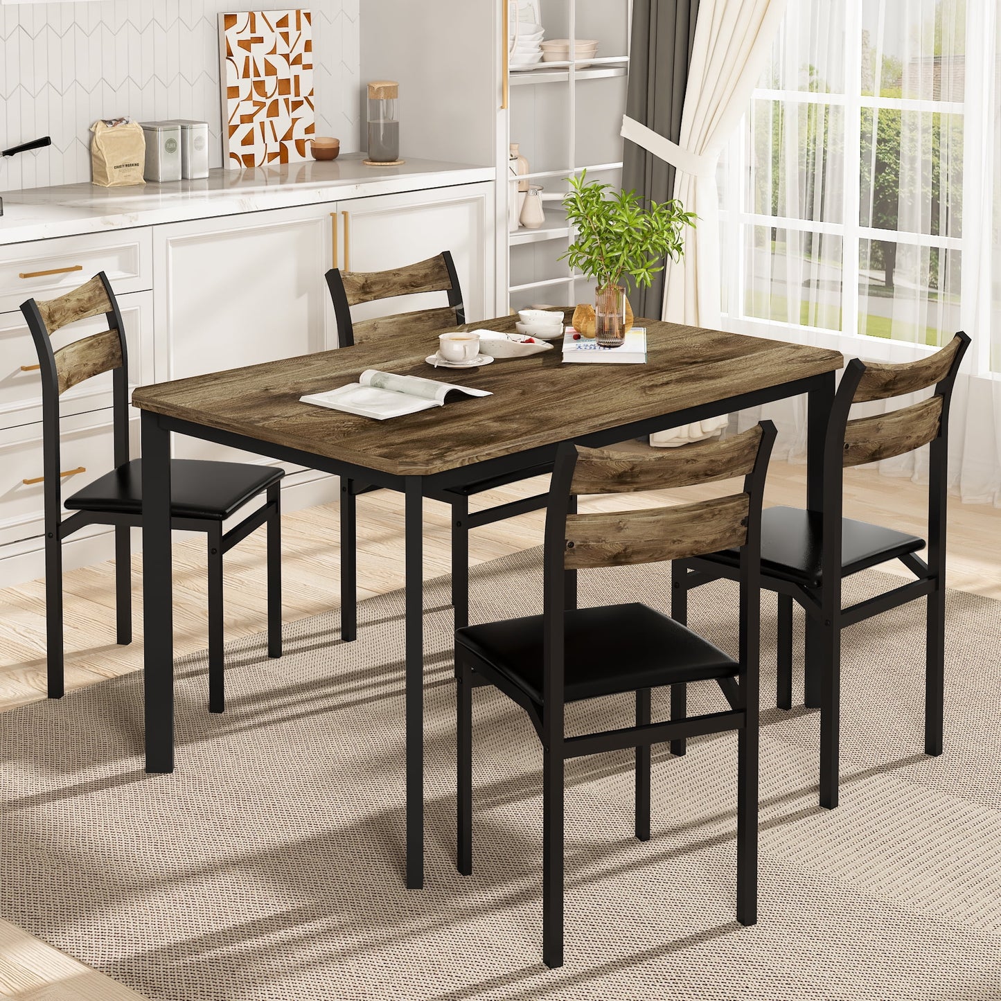 LTTROMAT Dining Table Sets for 4, Dining Room Table with 4 PU Leather Upholstered Chairs, Modern Wood Kitchen Table and Chairs Set, Square Dinette Sets for Breakfast Nook, Brown