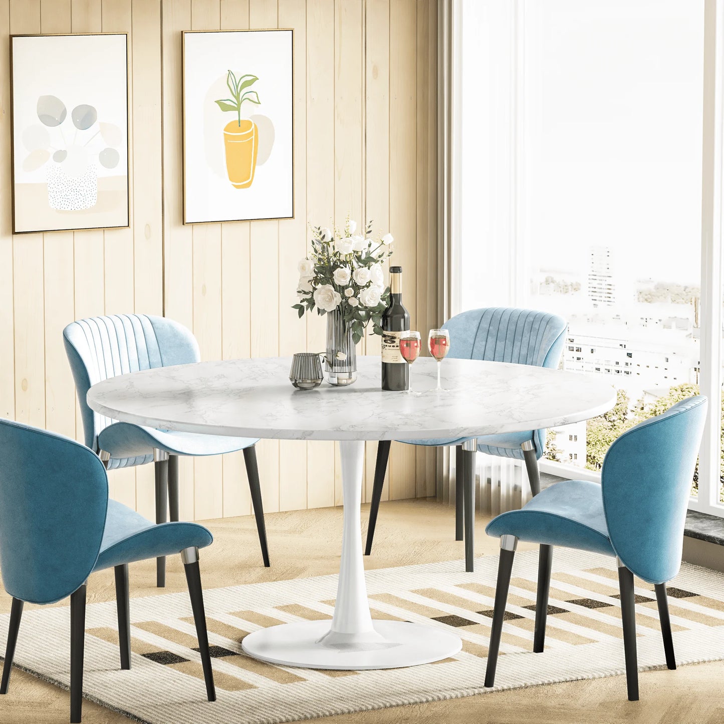 LTTROMAT Round Dining Table, Round Artificial Marble Dining Table, Round Pedestal Table for Mid-Century End Table Coffee Office Living Room Table, White