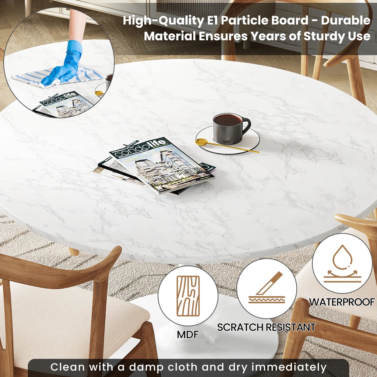 LTTROMAT Round Dining Table, Round Artificial Marble Dining Table, Round Pedestal Table for Mid-Century End Table Coffee Office Living Room Table, White
