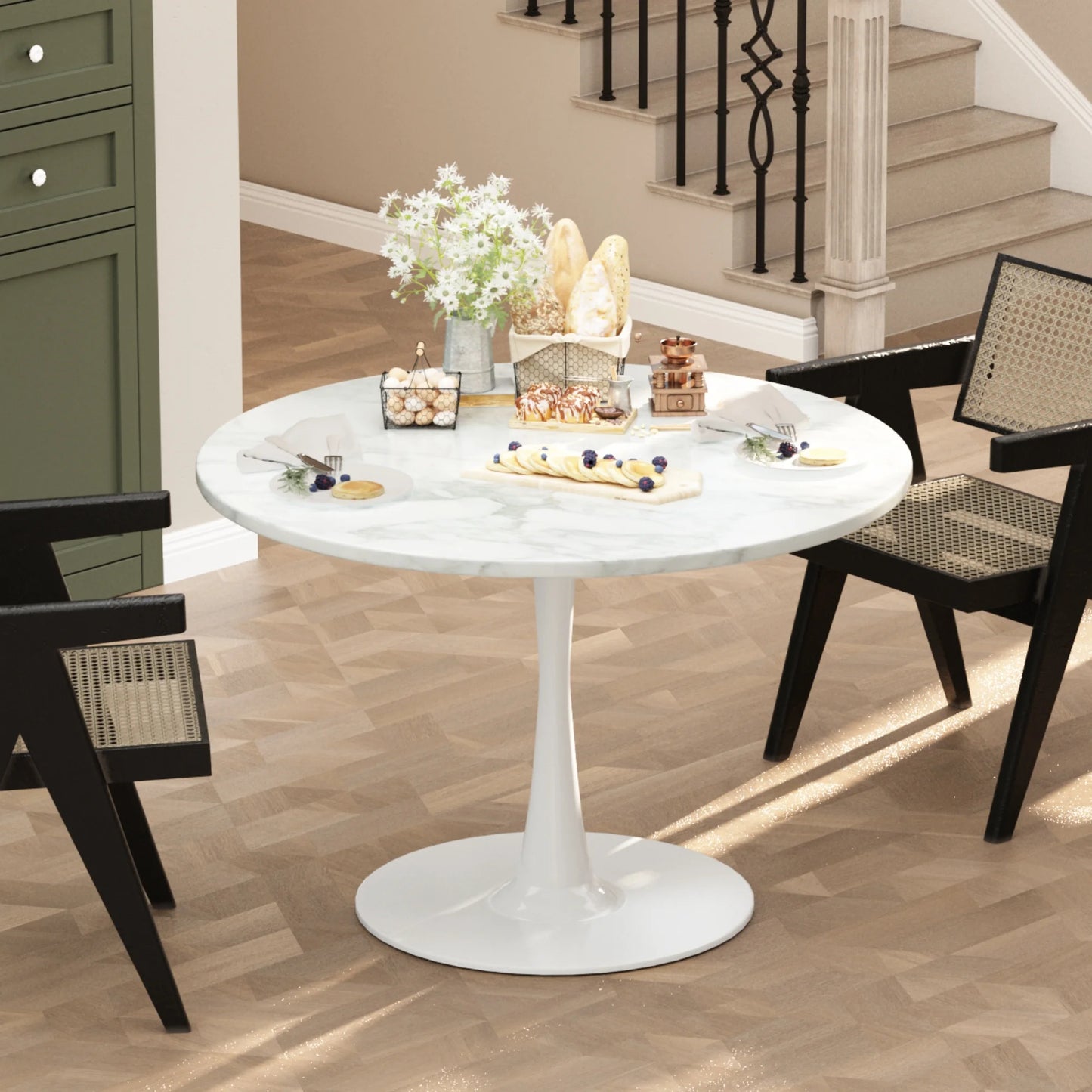 LTTROMAT Round Dining Table, Round Artificial Marble Dining Table, Round Pedestal Table for Mid-Century End Table Coffee Office Living Room Table, White