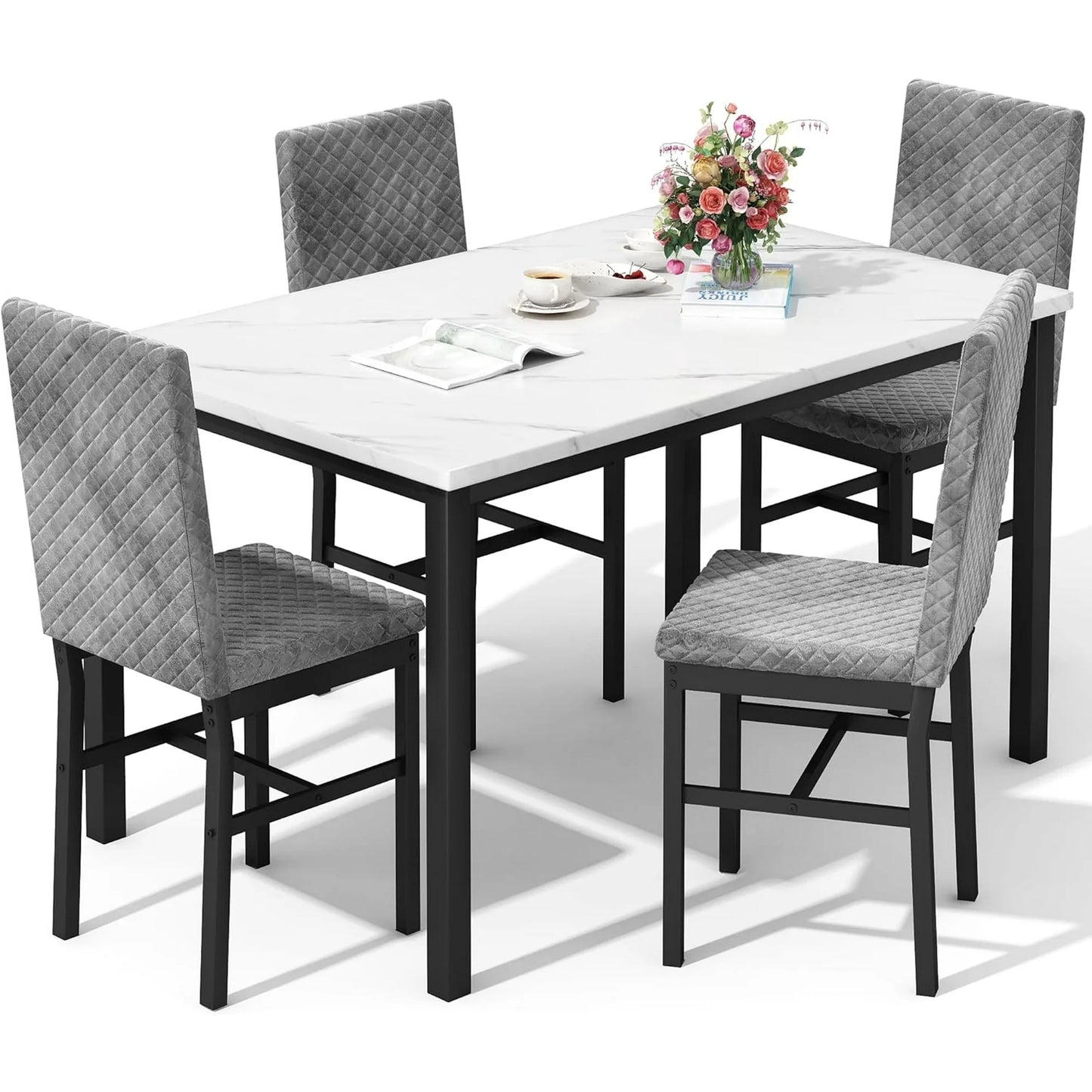 LTTROMAT 5 Piece Dining Table Set, Kitchen Table and Chairs Set for 4 with Faux Marble and 4 Velvet Upholstered Dining Chairs for Home, Restaurant, White & Grey