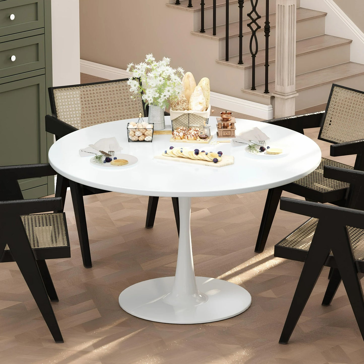 LTTROMAT Round Dining Table, Round Artificial Marble Dining Table, Round Pedestal Table for Mid-Century End Table Coffee Office Living Room Table, White