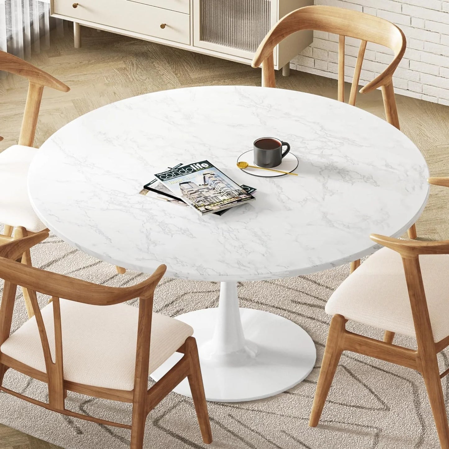LTTROMAT Round Dining Table, Round Artificial Marble Dining Table, Round Pedestal Table for Mid-Century End Table Coffee Office Living Room Table, White