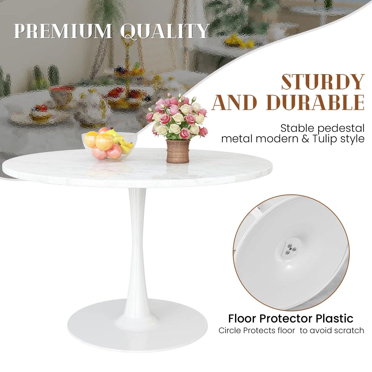 LTTROMAT Round Dining Table, Round Artificial Marble Dining Table, Round Pedestal Table for Mid-Century End Table Coffee Office Living Room Table, White