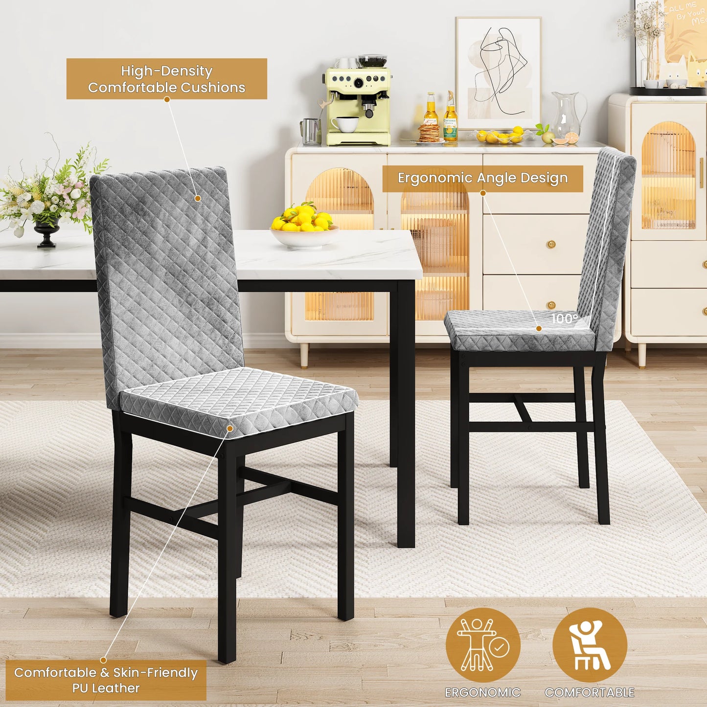 LTTROMAT 5 Piece Dining Table Set, Kitchen Table and Chairs Set for 4 with Faux Marble and 4 Velvet Upholstered Dining Chairs for Home, Restaurant, White & Grey