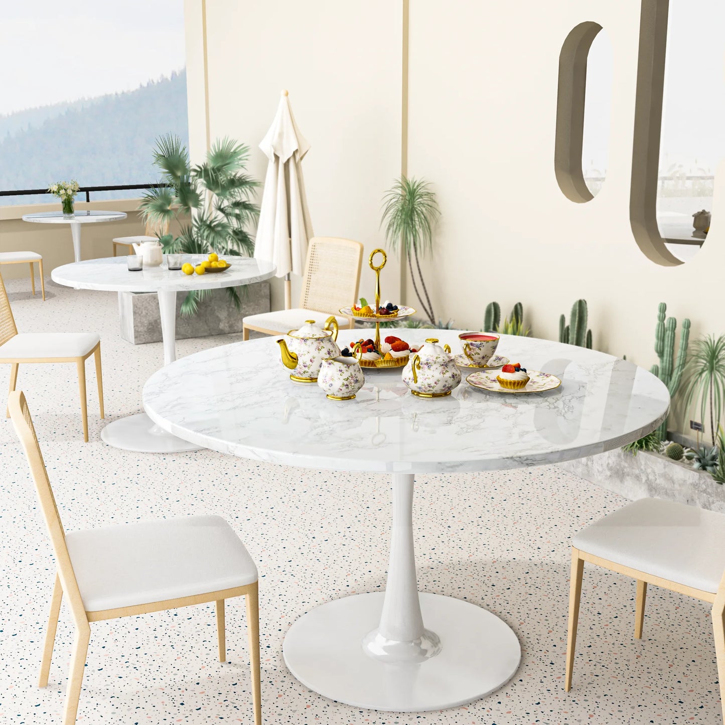 LTTROMAT Round Dining Table, Round Artificial Marble Dining Table, Round Pedestal Table for Mid-Century End Table Coffee Office Living Room Table, White