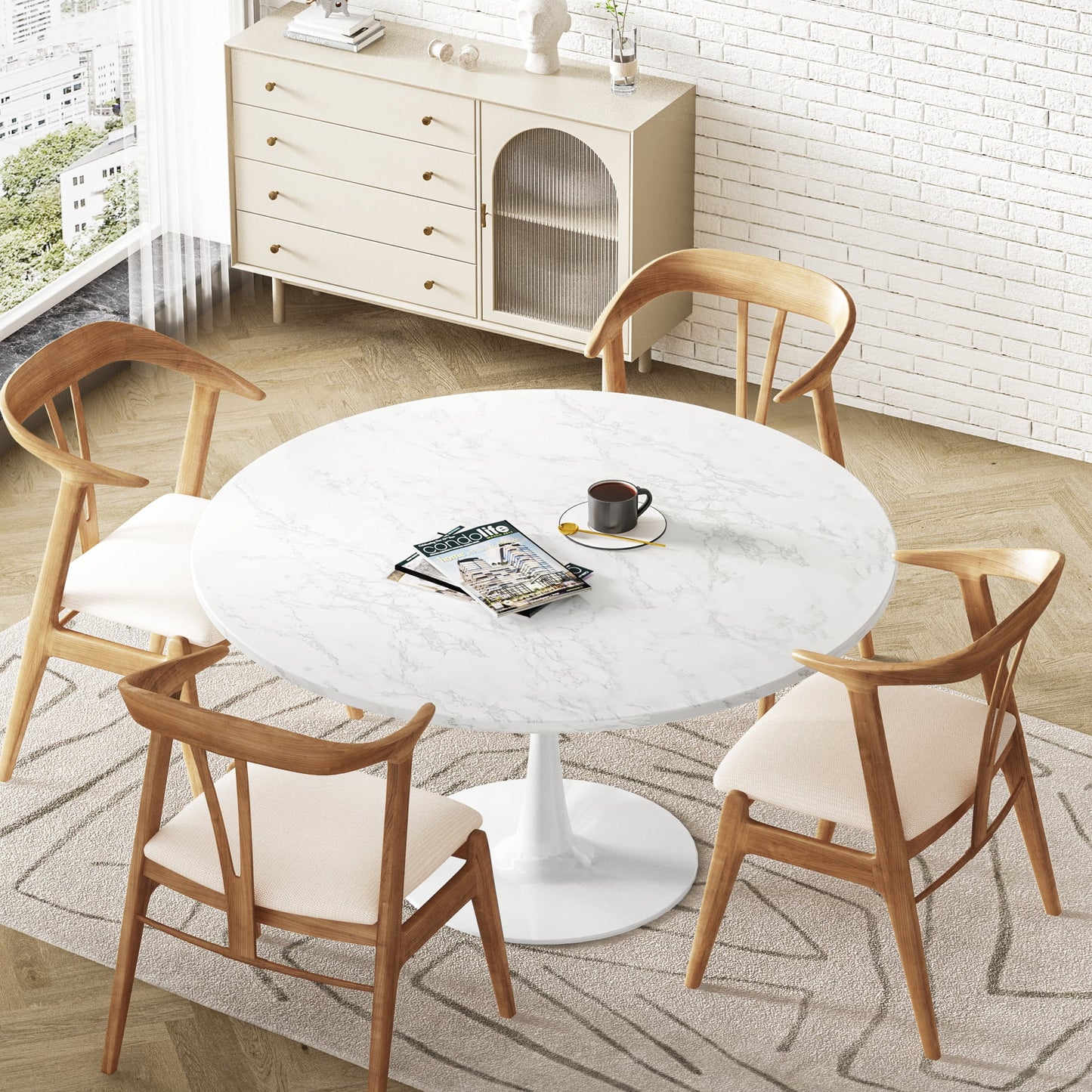 LTTROMAT Round Dining Table, Round Artificial Marble Dining Table, Round Pedestal Table for Mid-Century End Table Coffee Office Living Room Table, White