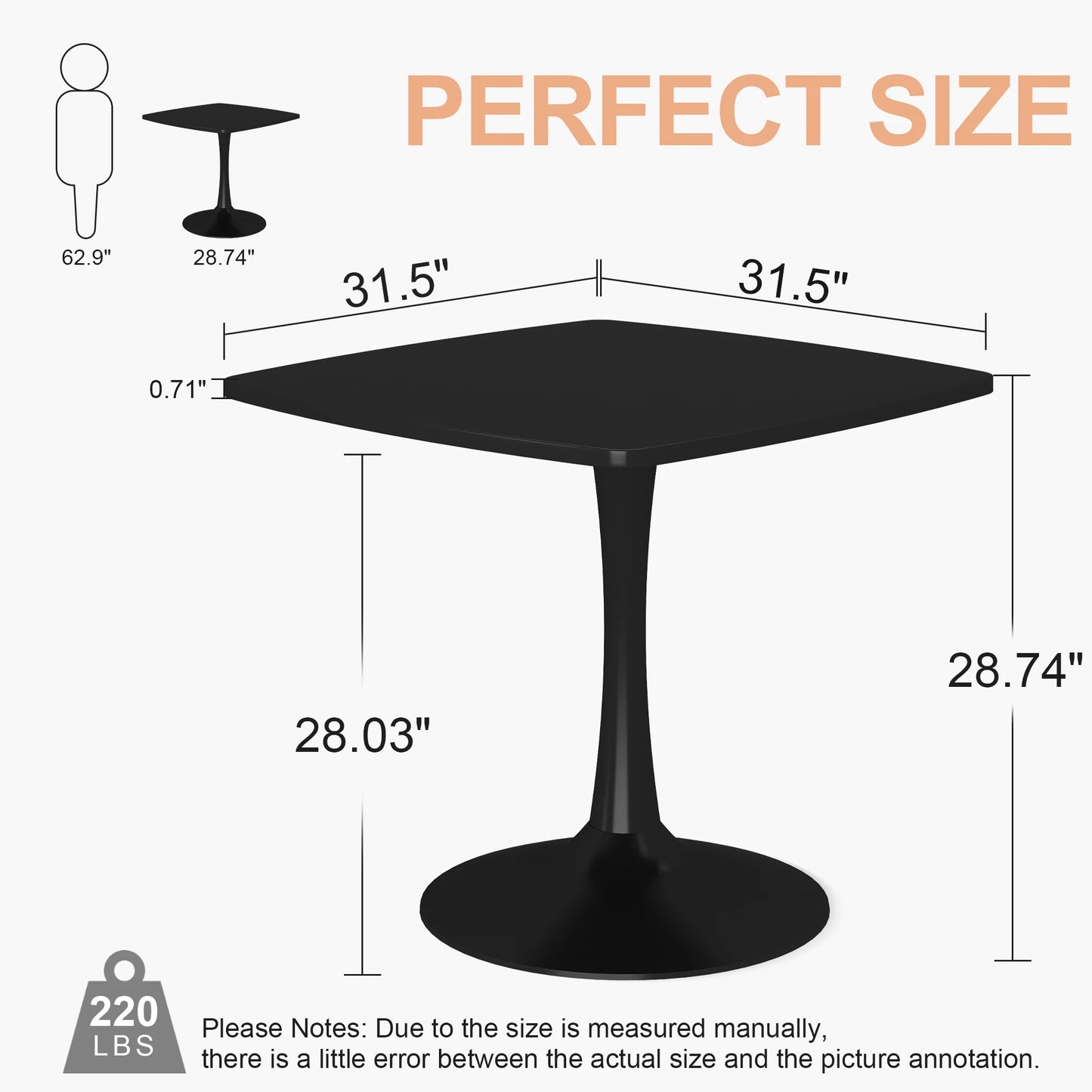 LTTROMAT Black Square Dining Table, 31.5-inch Tulip Pedestal for Living Room & Small Spaces