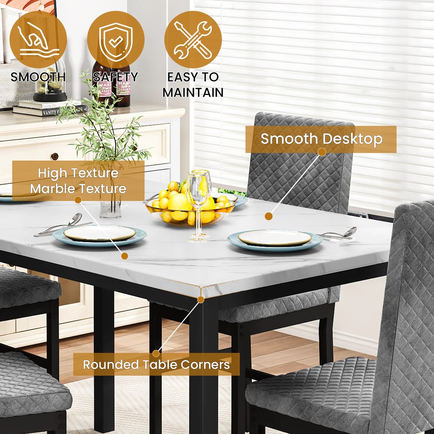LTTROMAT 5 Piece Dining Table Set, Kitchen Table and Chairs Set for 4 with Faux Marble and 4 Velvet Upholstered Dining Chairs for Home, Restaurant, White & Grey