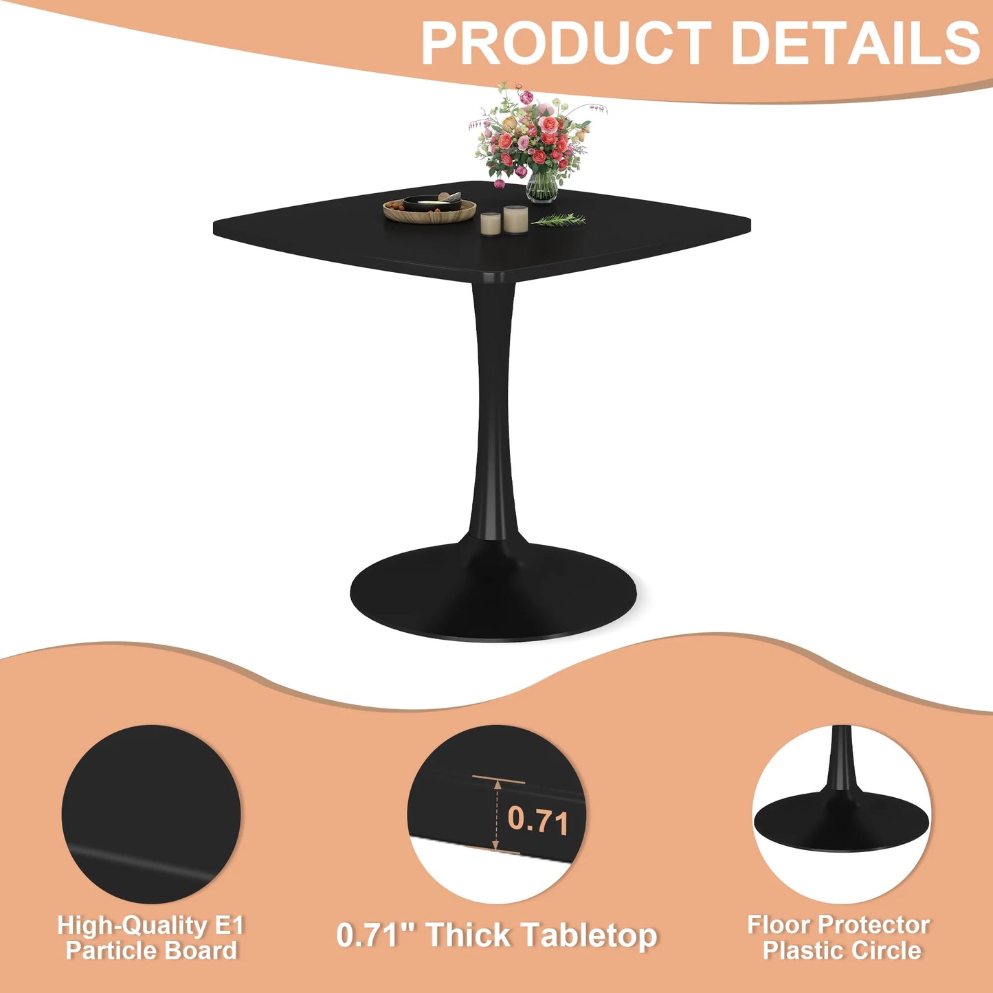 LTTROMAT Black Square Dining Table, 31.5-inch Tulip Pedestal for Living Room & Small Spaces