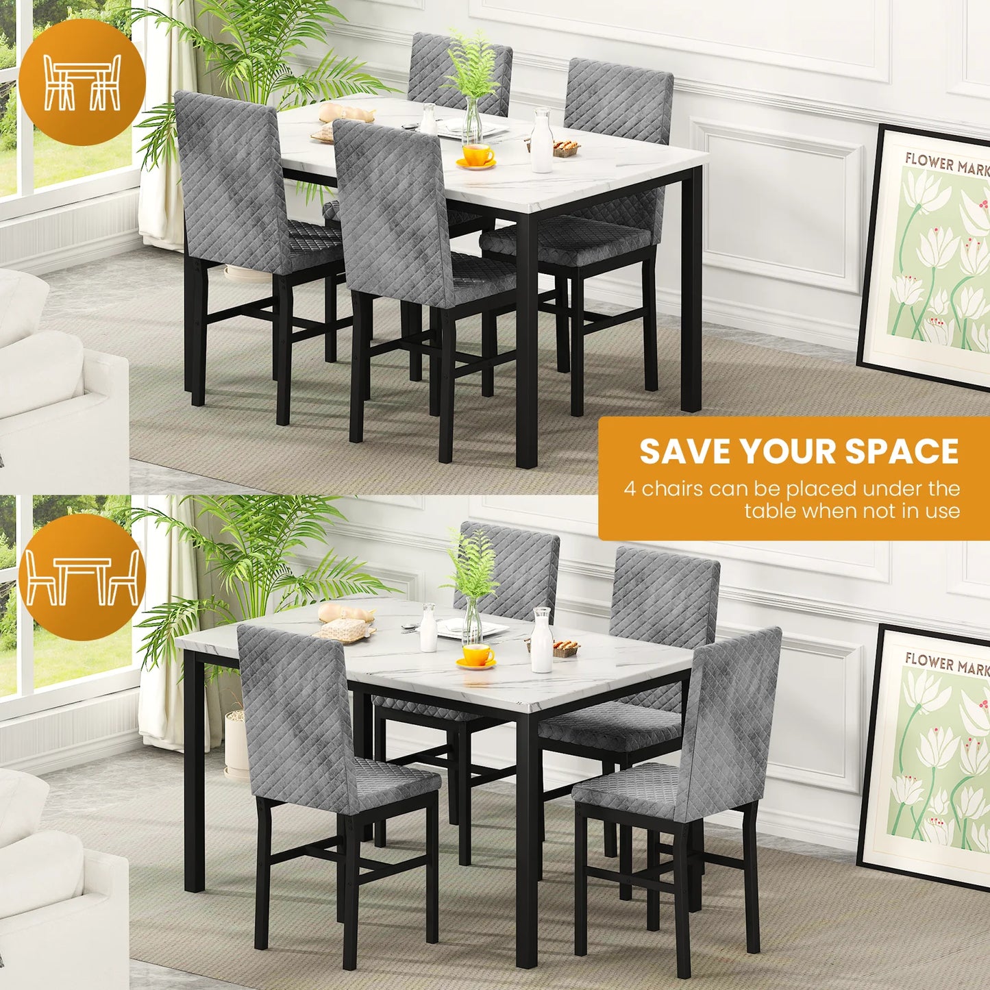 LTTROMAT 5 Piece Dining Table Set, Kitchen Table and Chairs Set for 4 with Faux Marble and 4 Velvet Upholstered Dining Chairs for Home, Restaurant, White & Grey