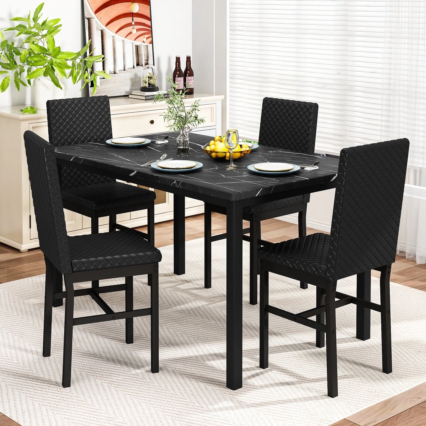 LTTROMAT 5 Piece Dining Table Set, Kitchen Table and Chairs Set for 4 with Faux Marble and 4 Velvet Upholstered Dining Chairs for Home, Restaurant, White & Grey
