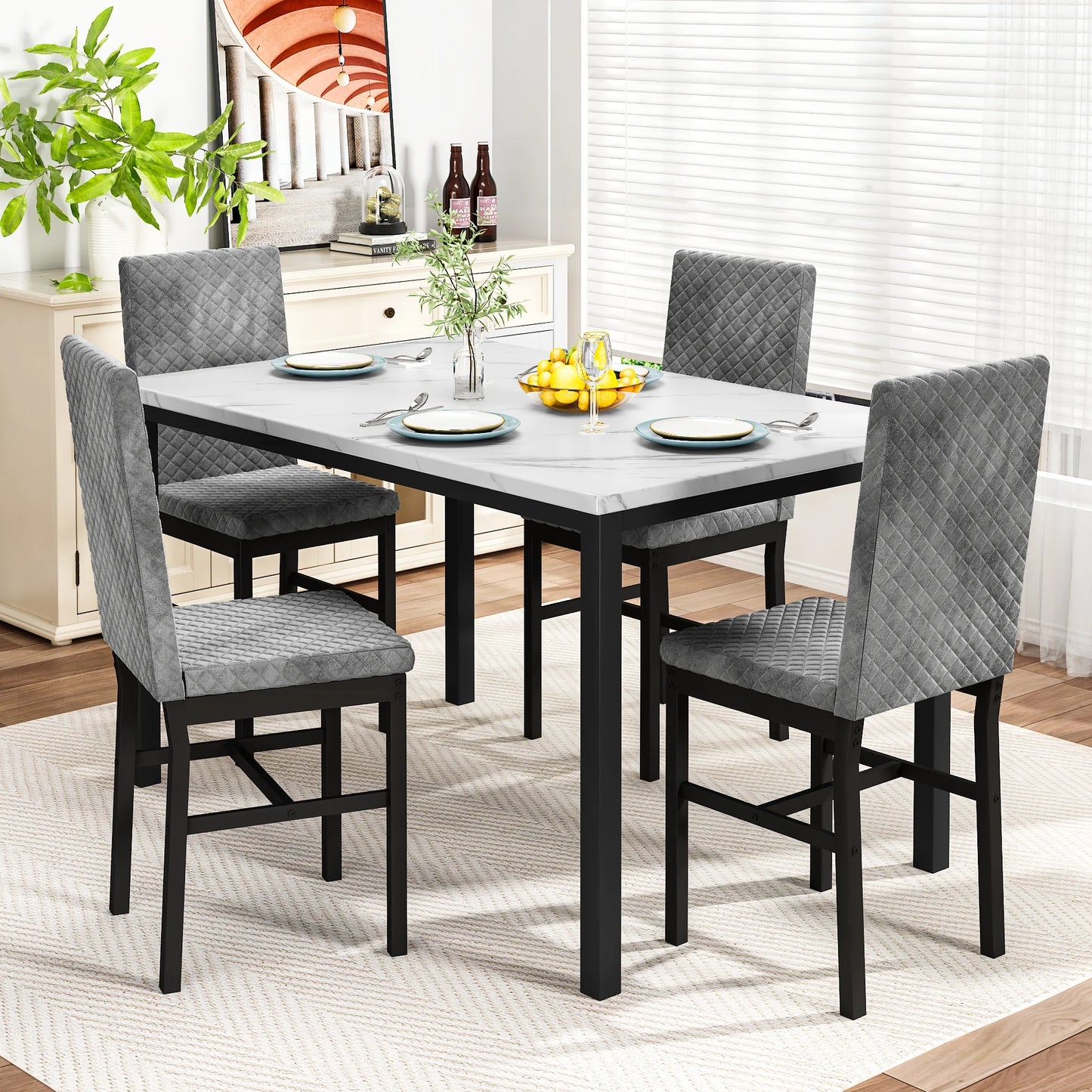 LTTROMAT 5 Piece Dining Table Set, Kitchen Table and Chairs Set for 4 with Faux Marble and 4 Velvet Upholstered Dining Chairs for Home, Restaurant, White & Grey