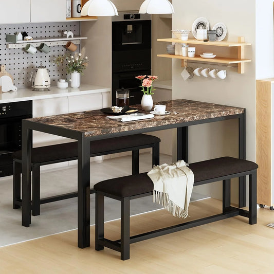 LTTROMAT Dining Table Set for 4, Faux Marble Kitchen Table Set with 2 PU Leather Benches, Breakfast Nook Set for Small Spaces, 3 Piece Farmhouse Dining Room Table Set, Rustic Brown