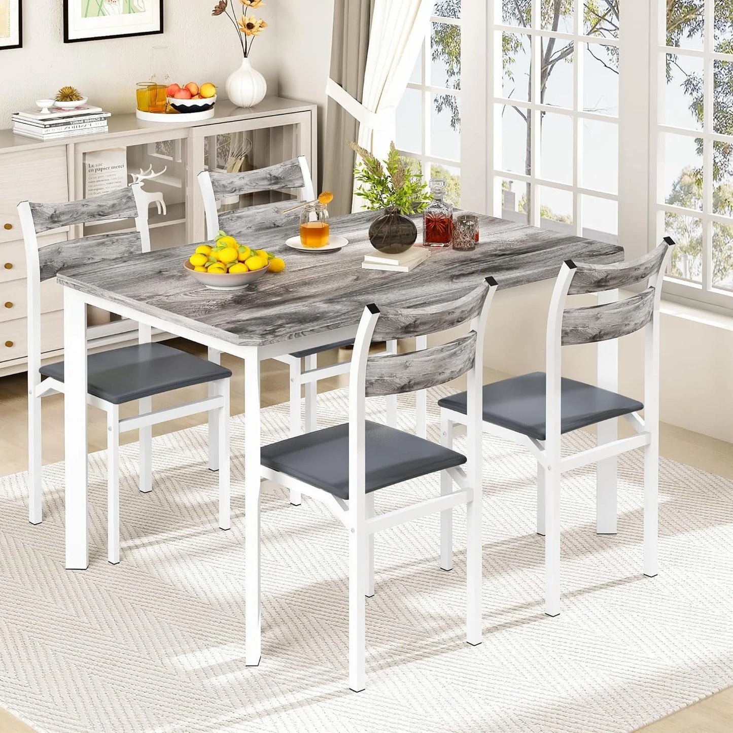 LTTROMAT Dining Table Sets for 4, Dining Room Table with 4 PU Leather Upholstered Chairs, Modern Wood Kitchen Table and Chairs Set, Square Dinette Sets for Breakfast Nook, Brown