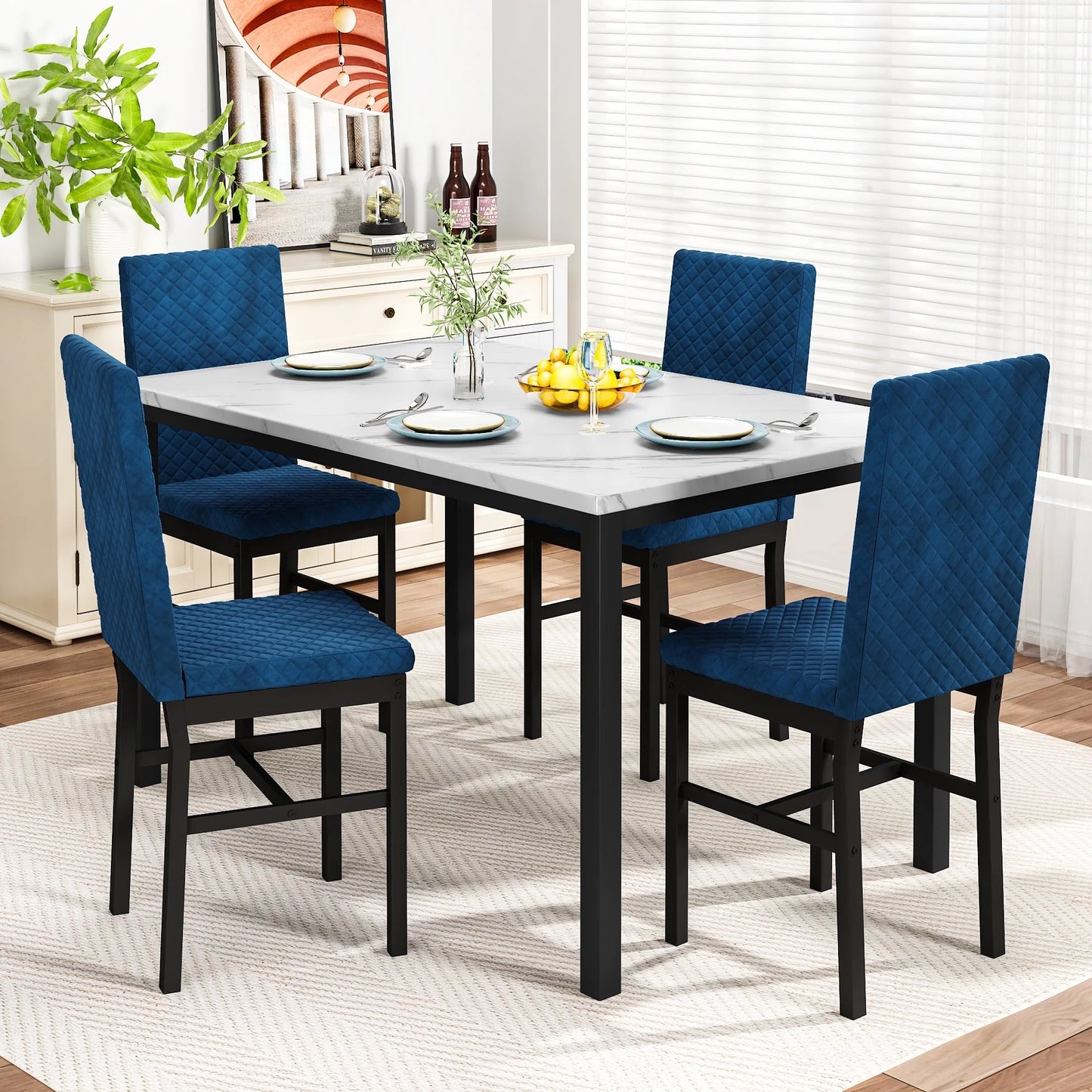 LTTROMAT 5 Piece Dining Table Set, Kitchen Table and Chairs Set for 4 with Faux Marble and 4 Velvet Upholstered Dining Chairs for Home, Restaurant, White & Grey