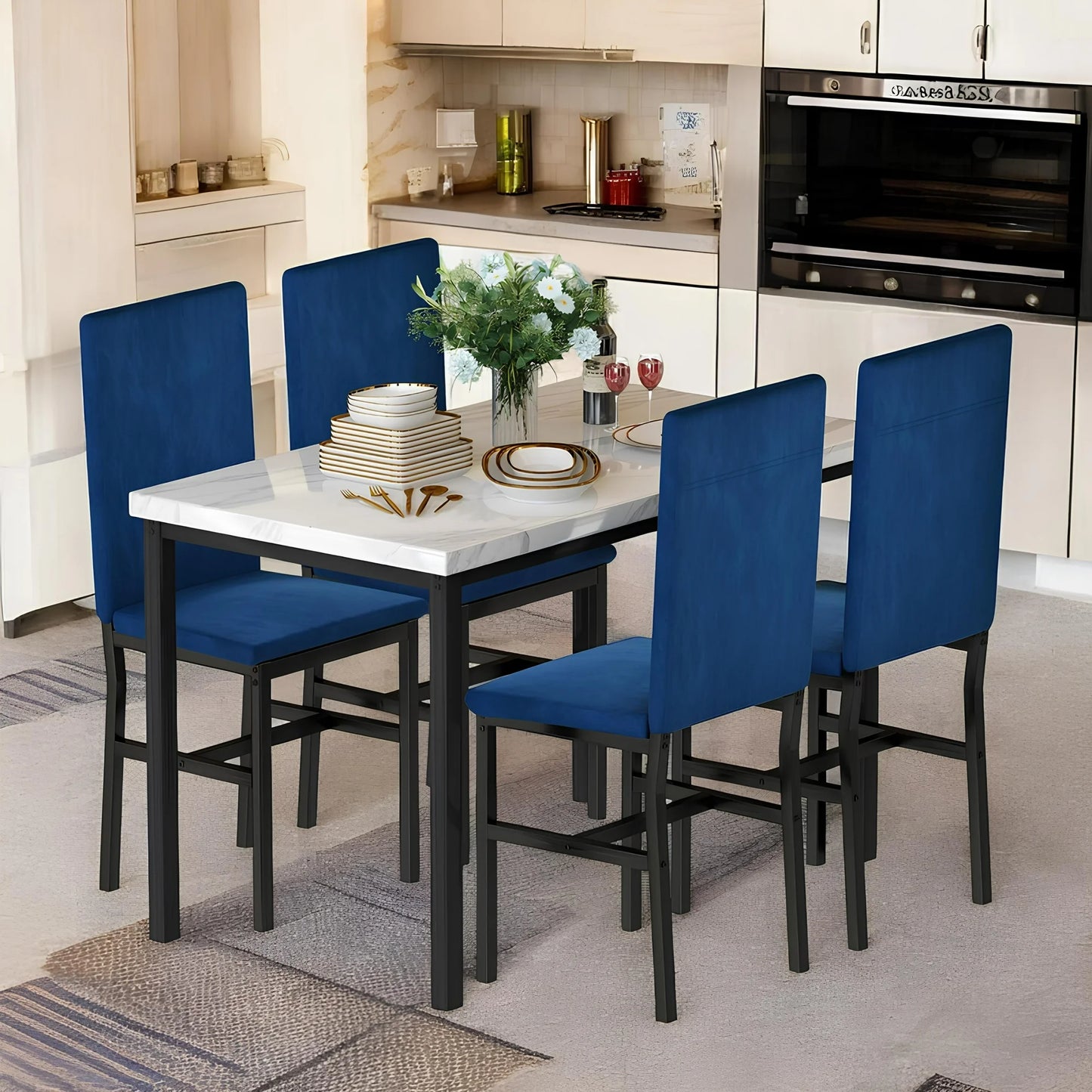 LTTROMAT 5 Piece Dining Table Set, Kitchen Table and Chairs Set for 4 with Faux Marble and 4 Velvet Upholstered Dining Chairs for Home, Restaurant, White & Grey