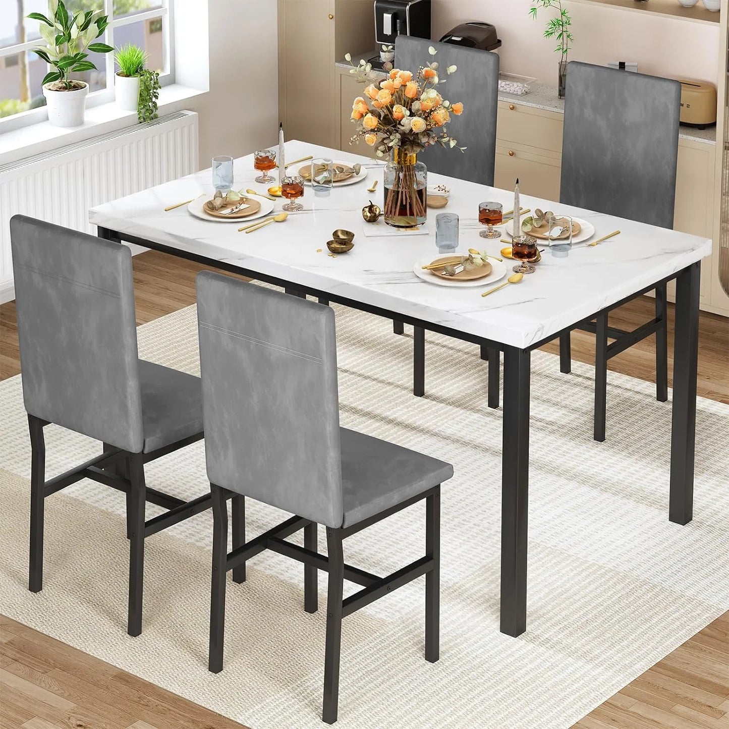 LTTROMAT 5 Piece Dining Table Set, Kitchen Table and Chairs Set for 4 with Faux Marble and 4 Velvet Upholstered Dining Chairs for Home, Restaurant, White & Grey