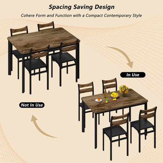 LTTROMAT Dining Table Sets for 4, Dining Room Table with 4 PU Leather Upholstered Chairs, Modern Wood Kitchen Table and Chairs Set, Square Dinette Sets for Breakfast Nook, Brown