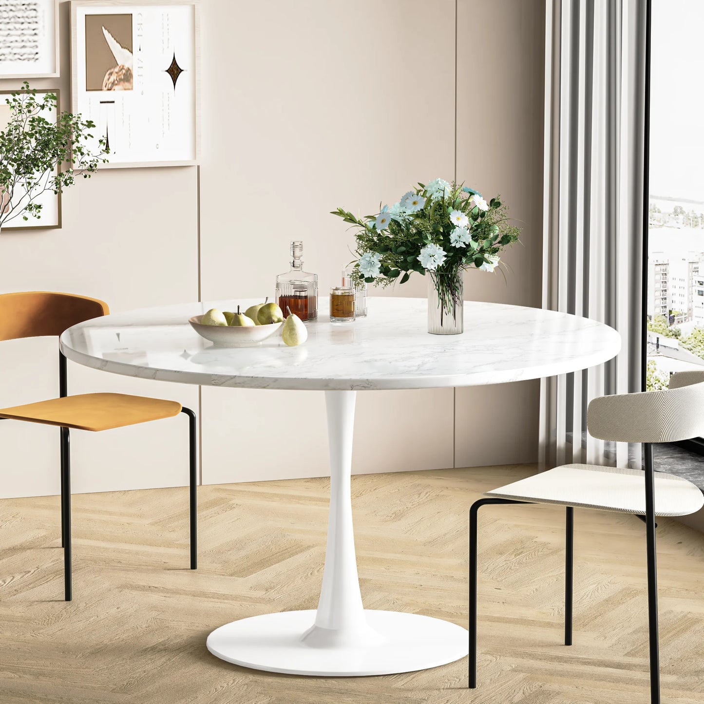 LTTROMAT Round Dining Table, Round Artificial Marble Dining Table, Round Pedestal Table for Mid-Century End Table Coffee Office Living Room Table, White