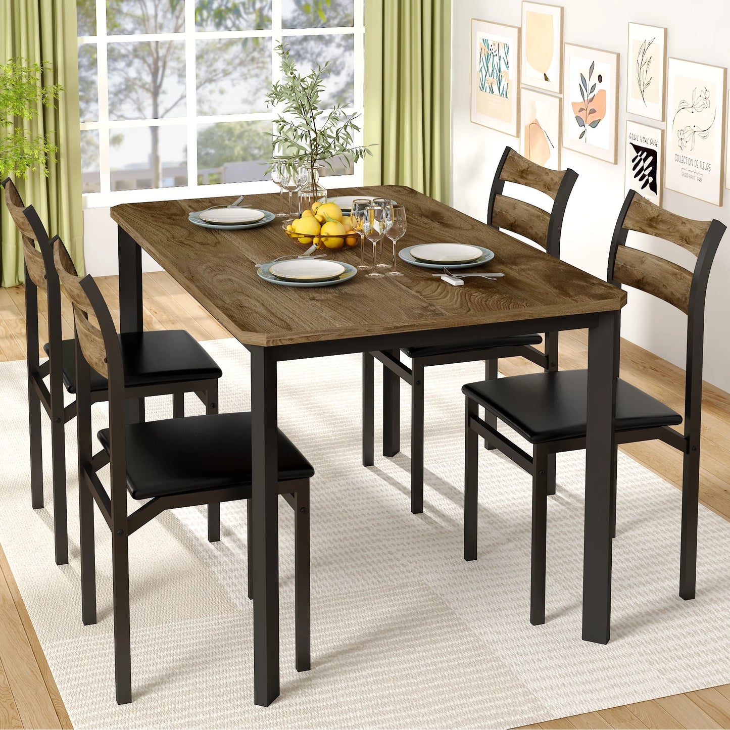LTTROMAT Dining Table Sets for 4, Dining Room Table with 4 PU Leather Upholstered Chairs, Modern Wood Kitchen Table and Chairs Set, Square Dinette Sets for Breakfast Nook, Brown
