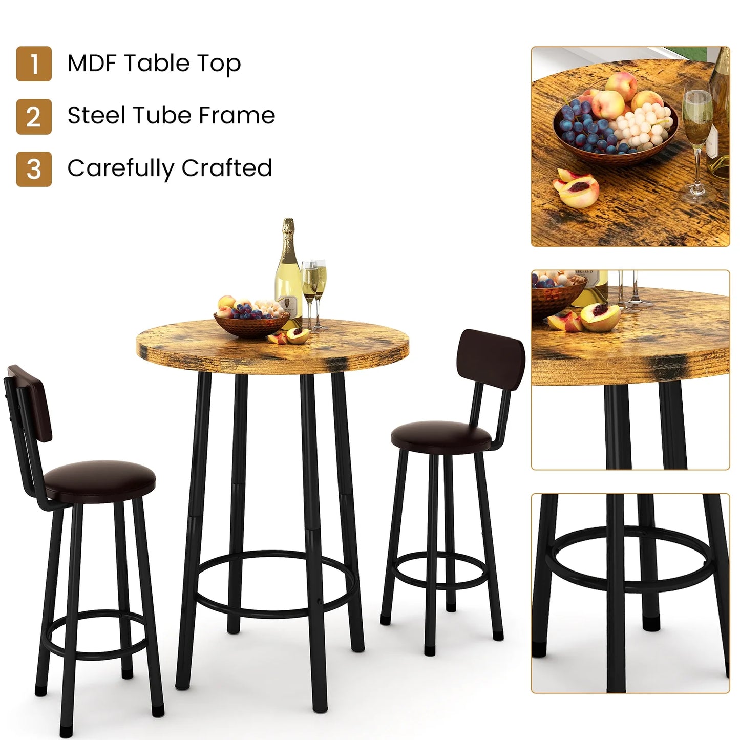 LTTROMAT 3 Pieces Bar Table Set, Bistro Kitchen Table Sets with 2 PU Leather Bar Stools, Wood Pub Bar Table Set for Breakfast Nook Small Space Restaurant, Round Table