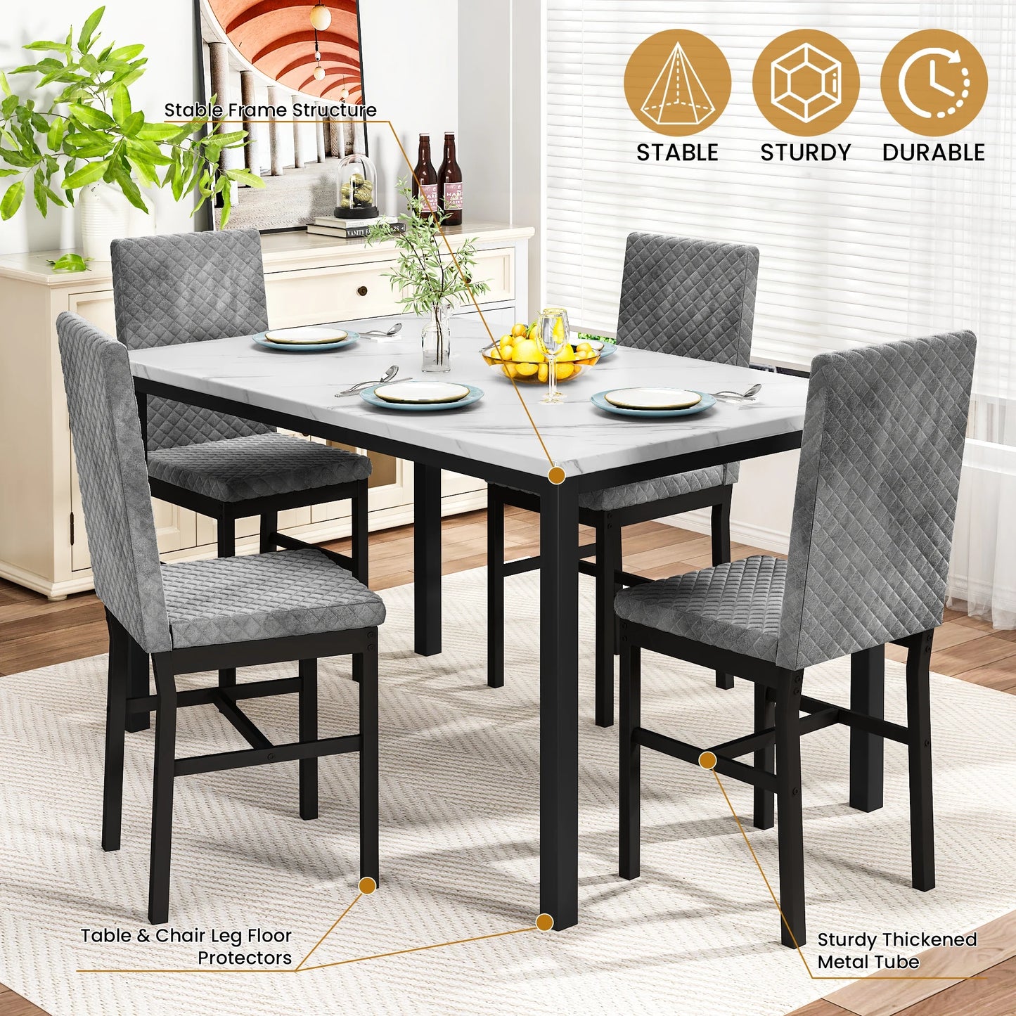 LTTROMAT 5 Piece Dining Table Set, Kitchen Table and Chairs Set for 4 with Faux Marble and 4 Velvet Upholstered Dining Chairs for Home, Restaurant, White & Grey