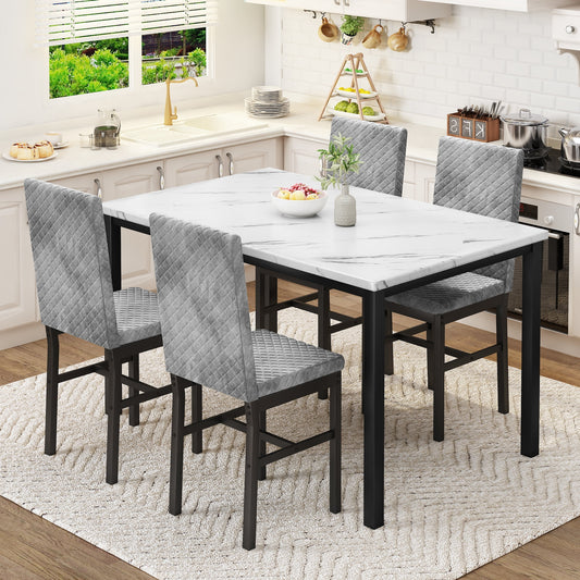 LTTROMAT 5 Piece Dining Table Set, Kitchen Table and Chairs Set for 4 with Faux Marble and 4 Velvet Upholstered Dining Chairs for Home, Restaurant, White & Grey