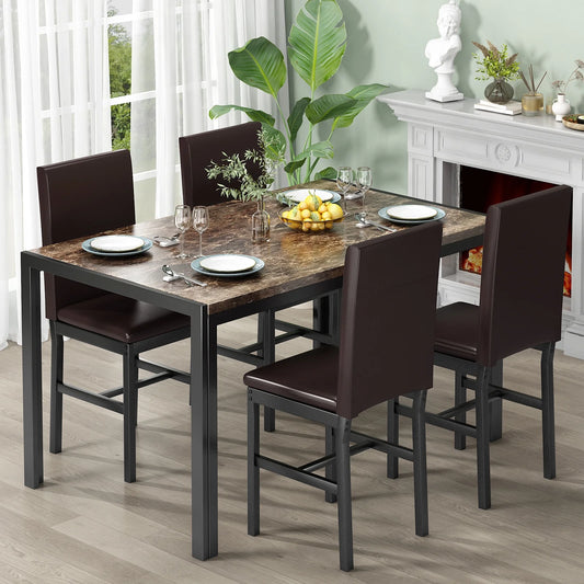 LTTROMAT 5 Piece Dining Table Set, Modern Faux Marble Tabletop and 4 PU Leather Upholstered Chairs, Small Dining Set for Bar Dining Room Breakfast Nook, Brown