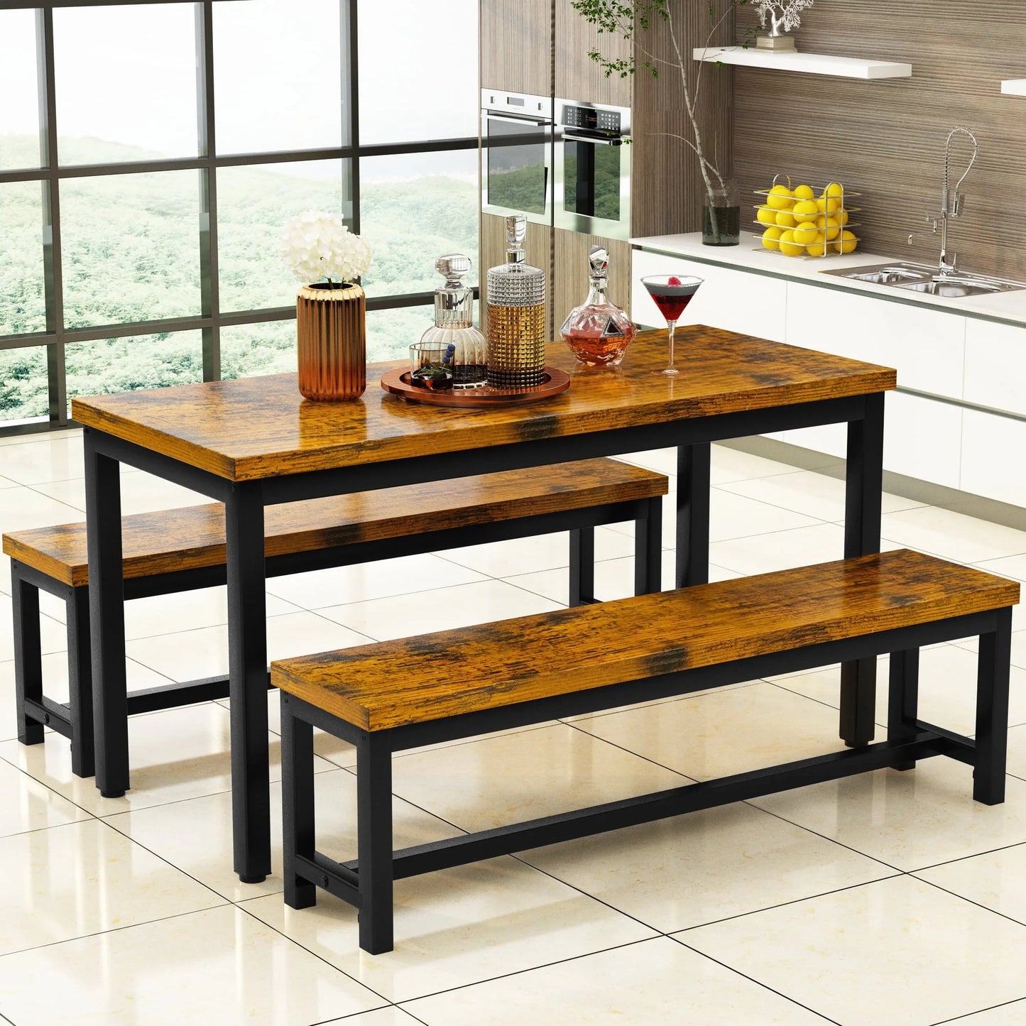 LTTROMAT Dining Table Set for 4, Faux Marble Kitchen Table Set with 2 PU Leather Benches, Breakfast Nook Set for Small Spaces, 3 Piece Farmhouse Dining Room Table Set, Rustic Brown