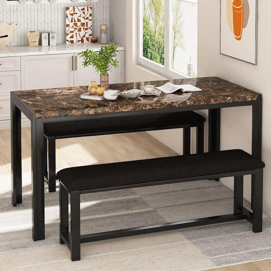 LTTROMAT Dining Table Set for 4, Faux Marble Kitchen Table Set with 2 PU Leather Benches, Breakfast Nook Set for Small Spaces, 3 Piece Farmhouse Dining Room Table Set, Rustic Brown