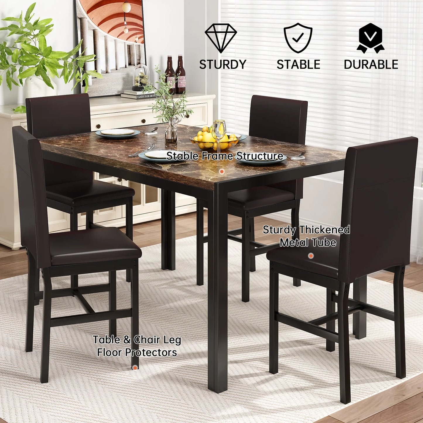LTTROMAT 5 Piece Dining Table Set, Modern Faux Marble Tabletop and 4 PU Leather Upholstered Chairs, Small Dining Set for Bar Dining Room Breakfast Nook, Brown