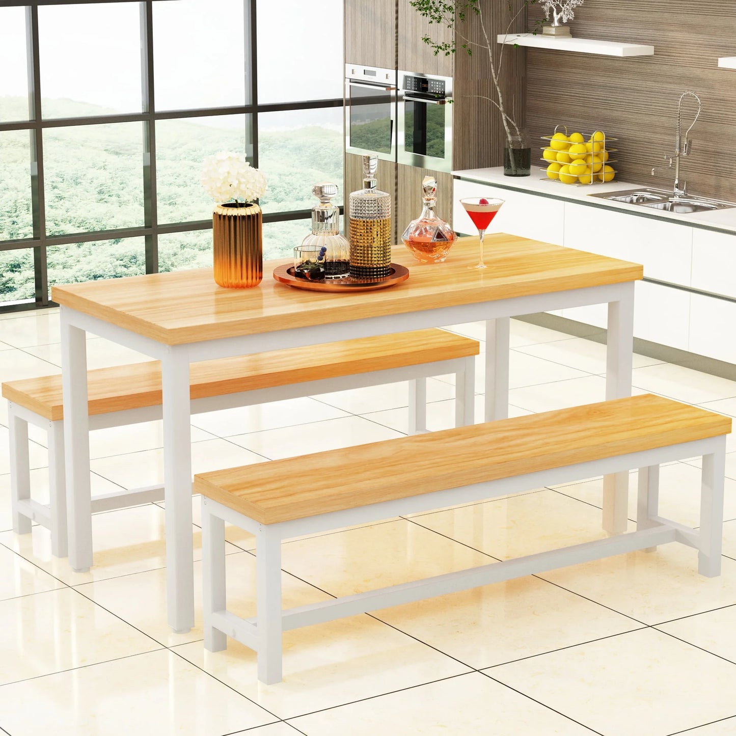 LTTROMAT Dining Table Set for 4, Faux Marble Kitchen Table Set with 2 PU Leather Benches, Breakfast Nook Set for Small Spaces, 3 Piece Farmhouse Dining Room Table Set, Rustic Brown