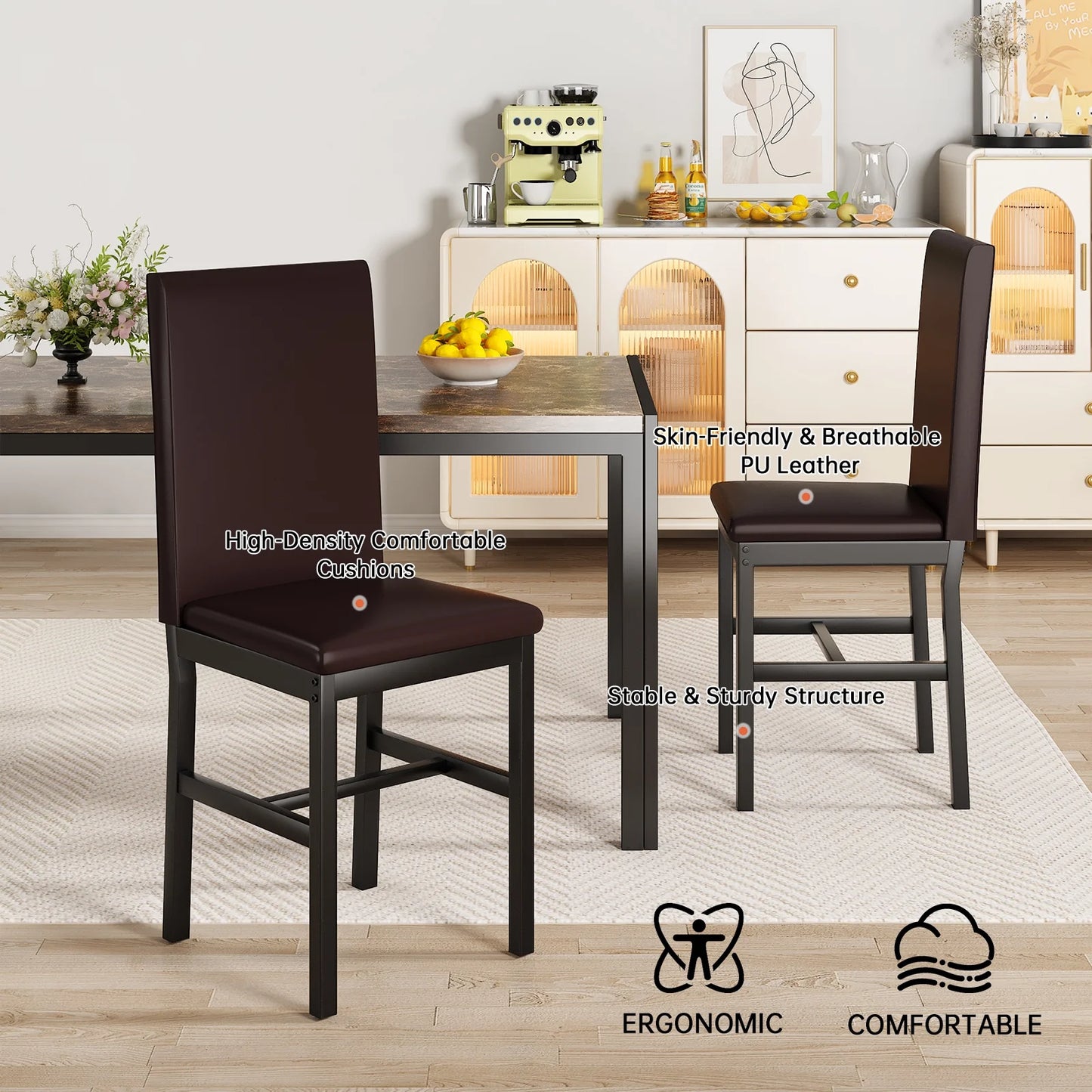 LTTROMAT 5 Piece Dining Table Set, Modern Faux Marble Tabletop and 4 PU Leather Upholstered Chairs, Small Dining Set for Bar Dining Room Breakfast Nook, Brown