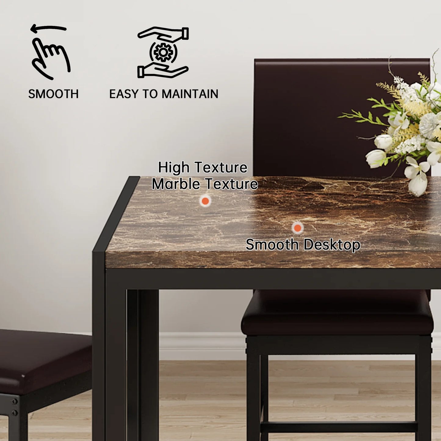 LTTROMAT 5 Piece Dining Table Set, Modern Faux Marble Tabletop and 4 PU Leather Upholstered Chairs, Small Dining Set for Bar Dining Room Breakfast Nook, Brown