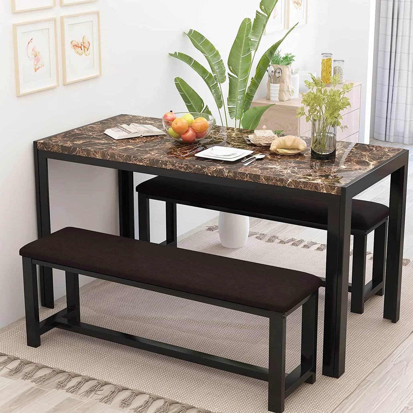 LTTROMAT Dining Table Set for 4, Faux Marble Kitchen Table Set with 2 PU Leather Benches, Breakfast Nook Set for Small Spaces, 3 Piece Farmhouse Dining Room Table Set, Rustic Brown