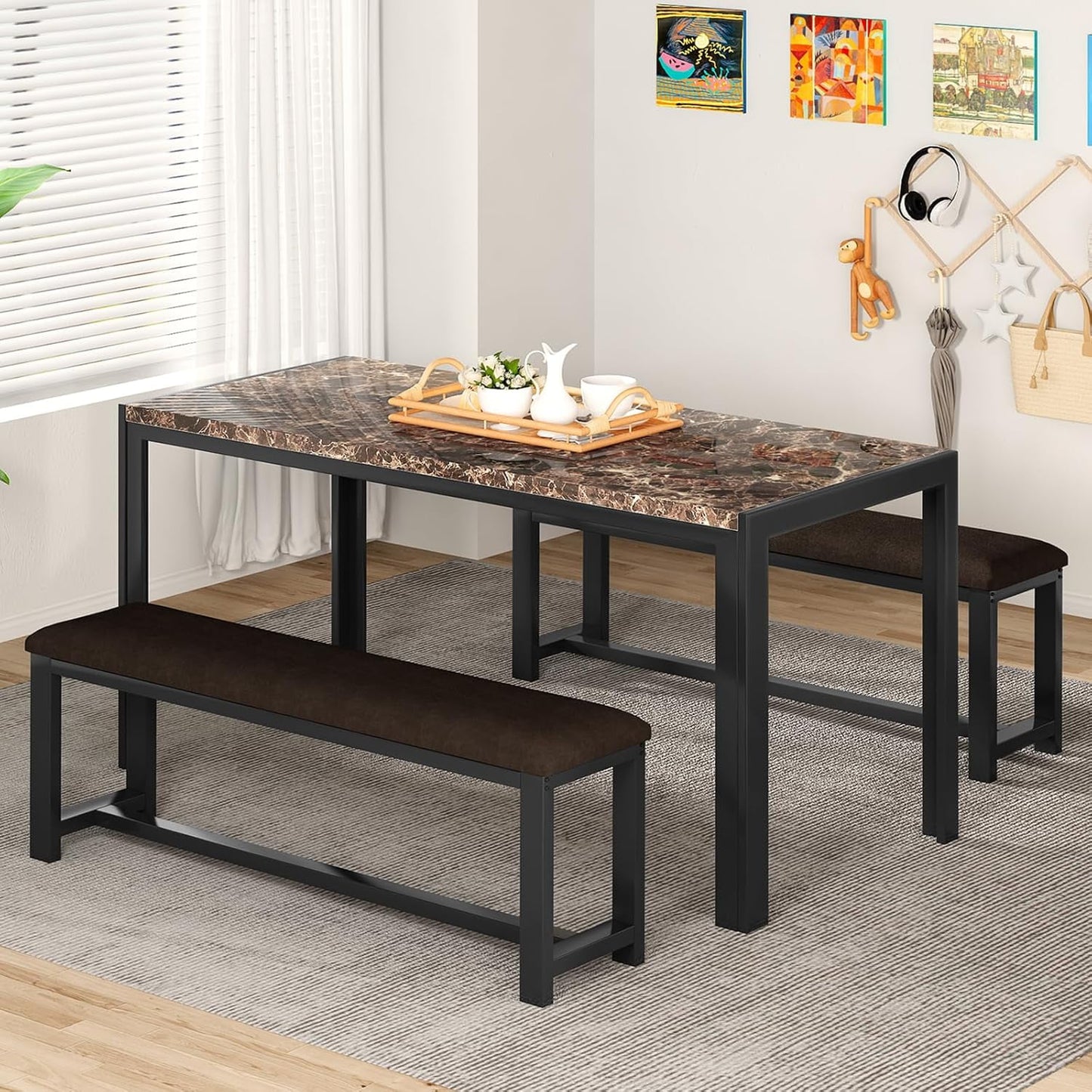 LTTROMAT Dining Table Set for 4, Faux Marble Kitchen Table Set with 2 PU Leather Benches, Breakfast Nook Set for Small Spaces, 3 Piece Farmhouse Dining Room Table Set, Rustic Brown
