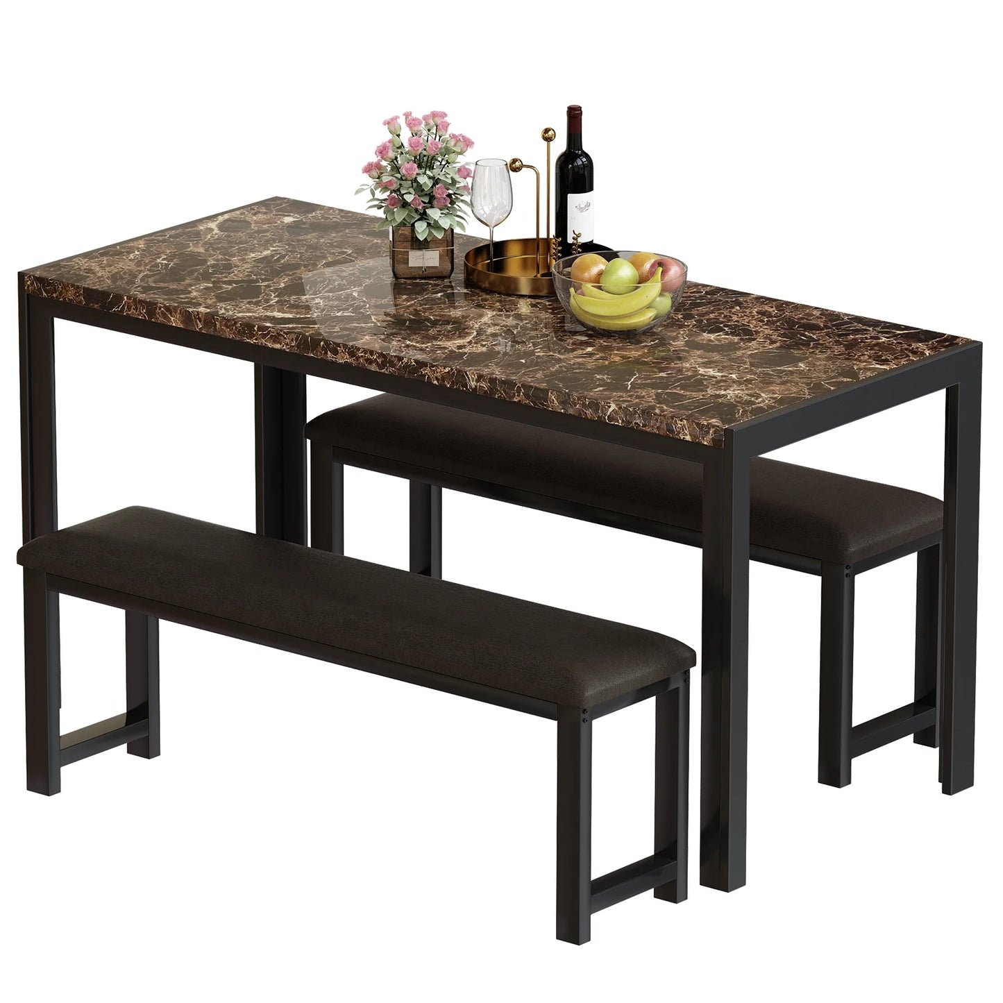 LTTROMAT Dining Table Set for 4, Faux Marble Kitchen Table Set with 2 PU Leather Benches, Breakfast Nook Set for Small Spaces, 3 Piece Farmhouse Dining Room Table Set, Rustic Brown