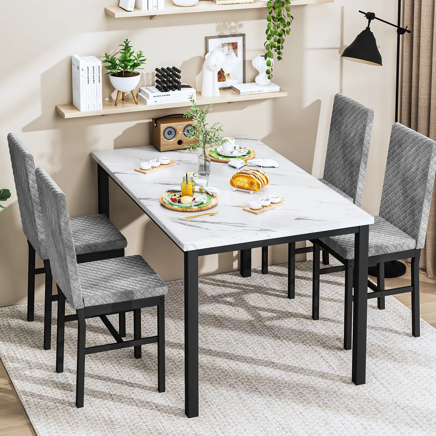 LTTROMAT 5 Piece Dining Table Set, Kitchen Table and Chairs Set for 4 with Faux Marble and 4 Velvet Upholstered Dining Chairs for Home, Restaurant, White & Grey