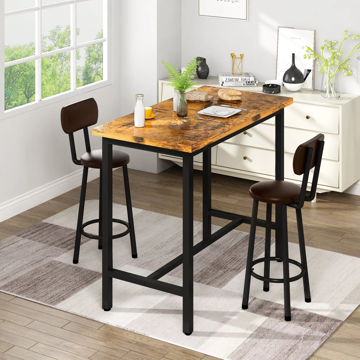 LTTROMAT 3 Pieces Bar Table Set, Bistro Kitchen Table Sets with 2 PU Leather Bar Stools, Wood Pub Bar Table Set for Breakfast Nook Small Space Restaurant, Round Table