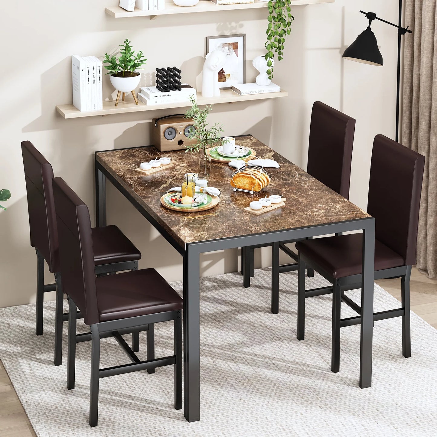 LTTROMAT 5 Piece Dining Table Set, Modern Faux Marble Tabletop and 4 PU Leather Upholstered Chairs, Small Dining Set for Bar Dining Room Breakfast Nook, Brown