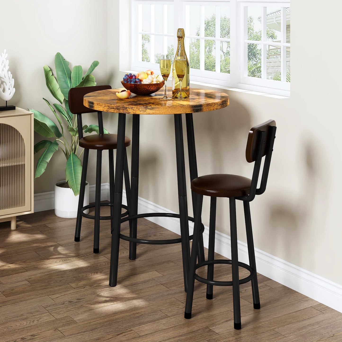 LTTROMAT 3 Pieces Bar Table Set, Bistro Kitchen Table Sets with 2 PU Leather Bar Stools, Wood Pub Bar Table Set for Breakfast Nook Small Space Restaurant, Round Table
