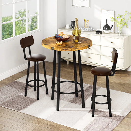 LTTROMAT 3 Pieces Bar Table Set, Bistro Kitchen Table Sets with 2 PU Leather Bar Stools, Wood Pub Bar Table Set for Breakfast Nook Small Space Restaurant, Round Table