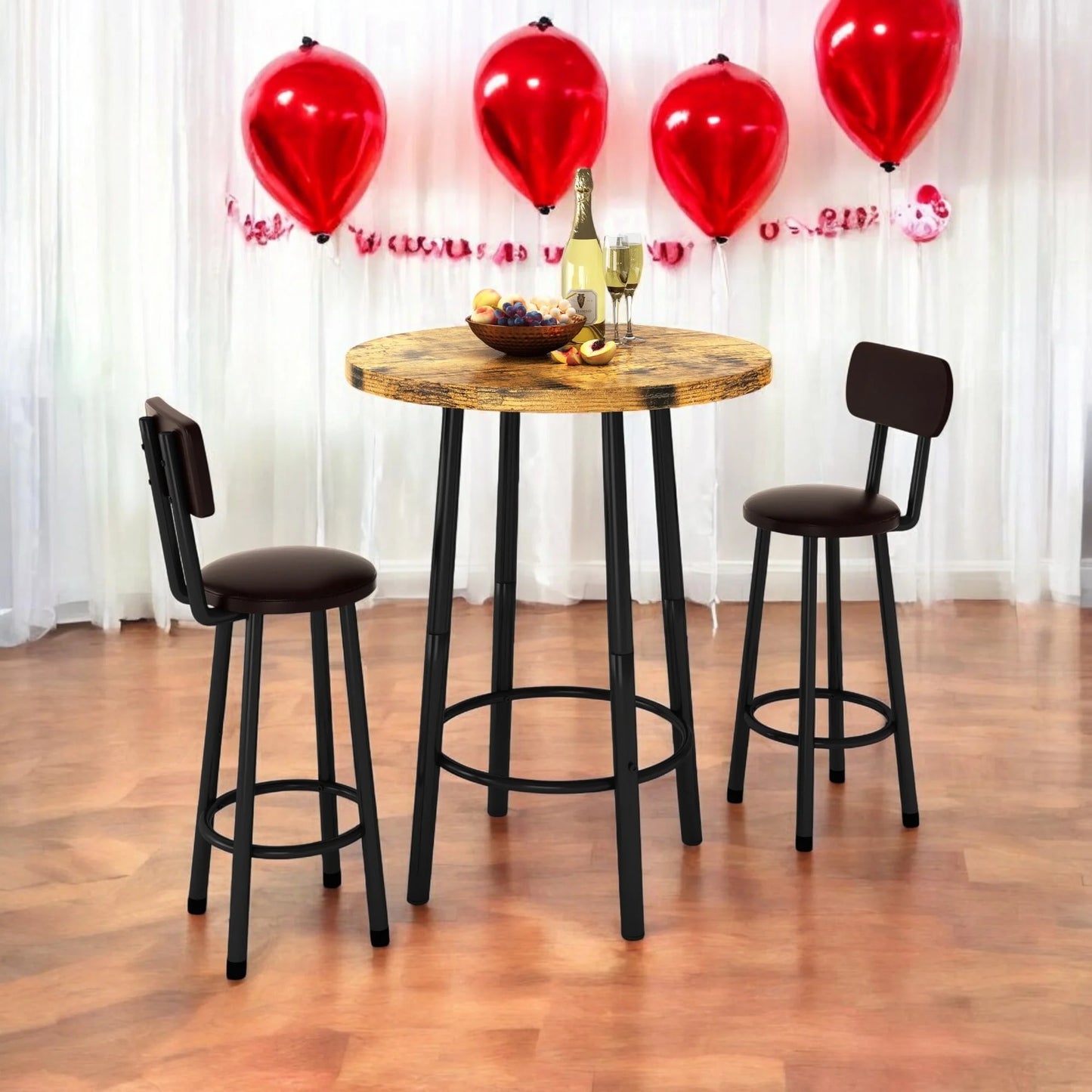 LTTROMAT 3 Pieces Bar Table Set, Bistro Kitchen Table Sets with 2 PU Leather Bar Stools, Wood Pub Bar Table Set for Breakfast Nook Small Space Restaurant, Round Table
