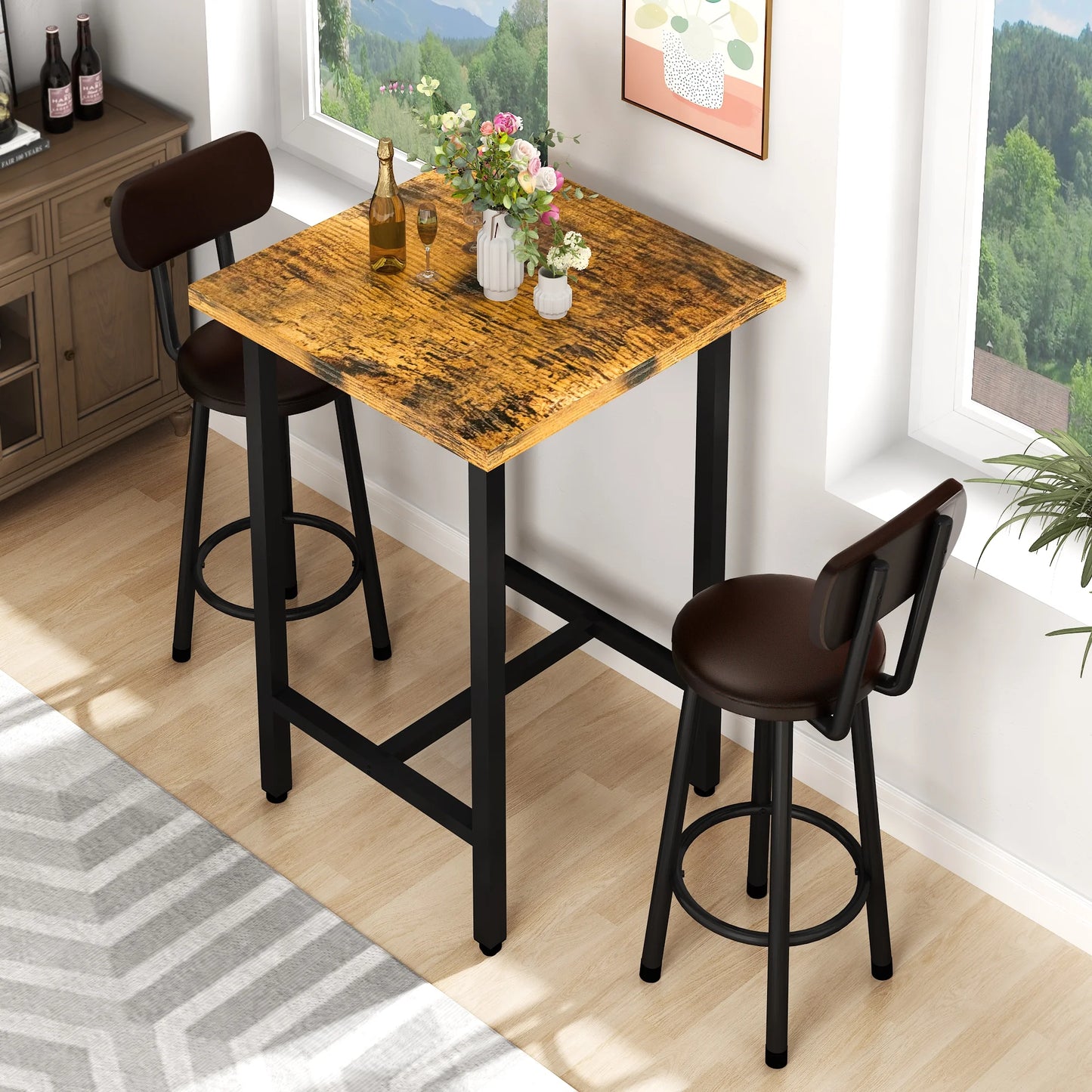 LTTROMAT 3 Pieces Bar Table Set, Bistro Kitchen Table Sets with 2 PU Leather Bar Stools, Wood Pub Bar Table Set for Breakfast Nook Small Space Restaurant, Round Table