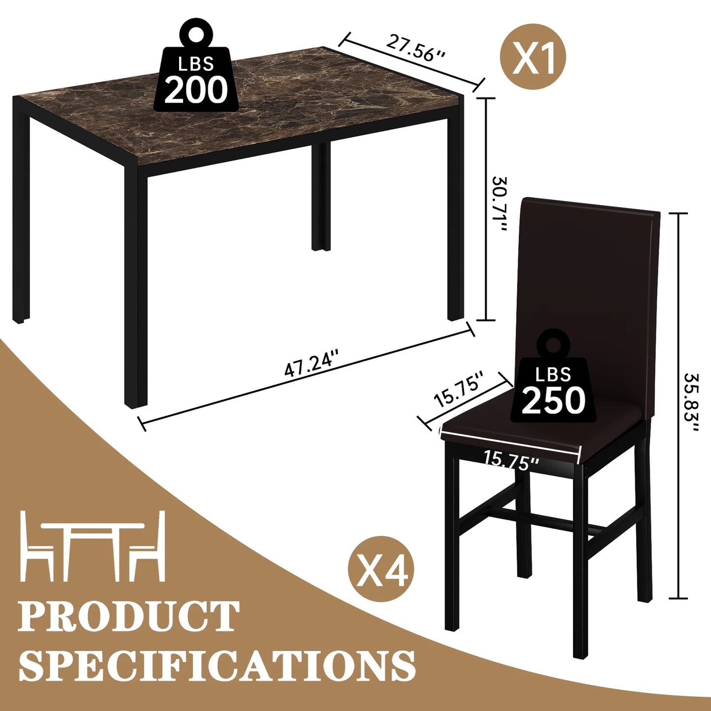 LTTROMAT 5 Piece Dining Table Set, Modern Faux Marble Tabletop and 4 PU Leather Upholstered Chairs, Small Dining Set for Bar Dining Room Breakfast Nook, Brown
