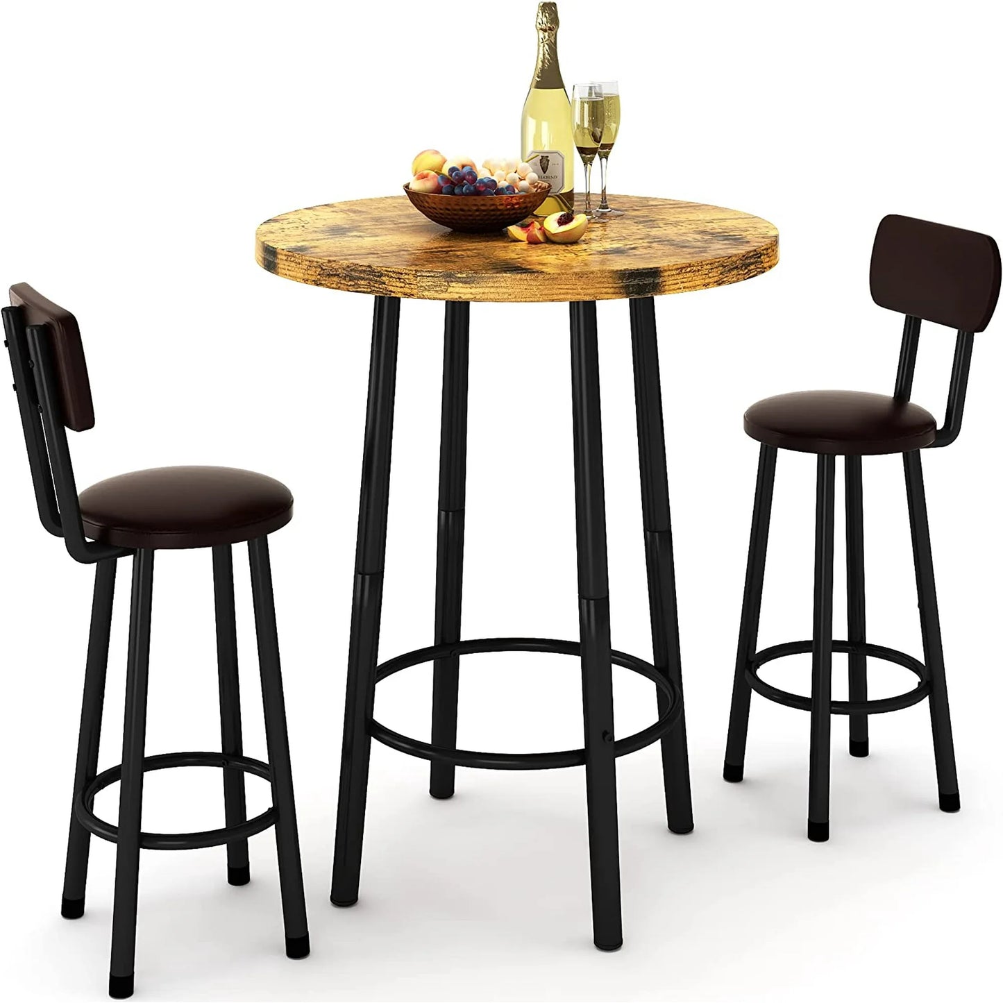 LTTROMAT 3 Pieces Bar Table Set, Bistro Kitchen Table Sets with 2 PU Leather Bar Stools, Wood Pub Bar Table Set for Breakfast Nook Small Space Restaurant, Round Table