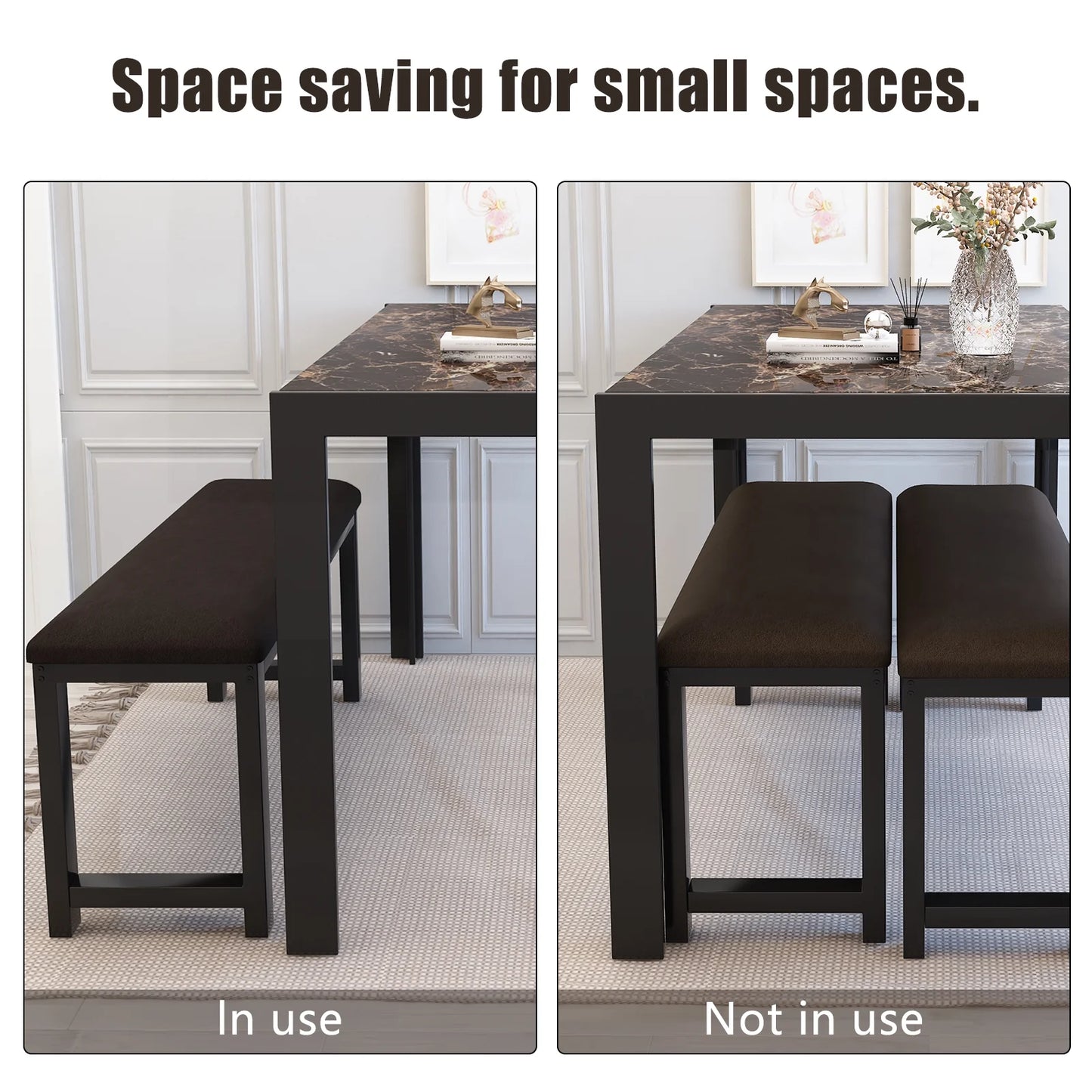 LTTROMAT Dining Table Set for 4, Faux Marble Kitchen Table Set with 2 PU Leather Benches, Breakfast Nook Set for Small Spaces, 3 Piece Farmhouse Dining Room Table Set, Rustic Brown
