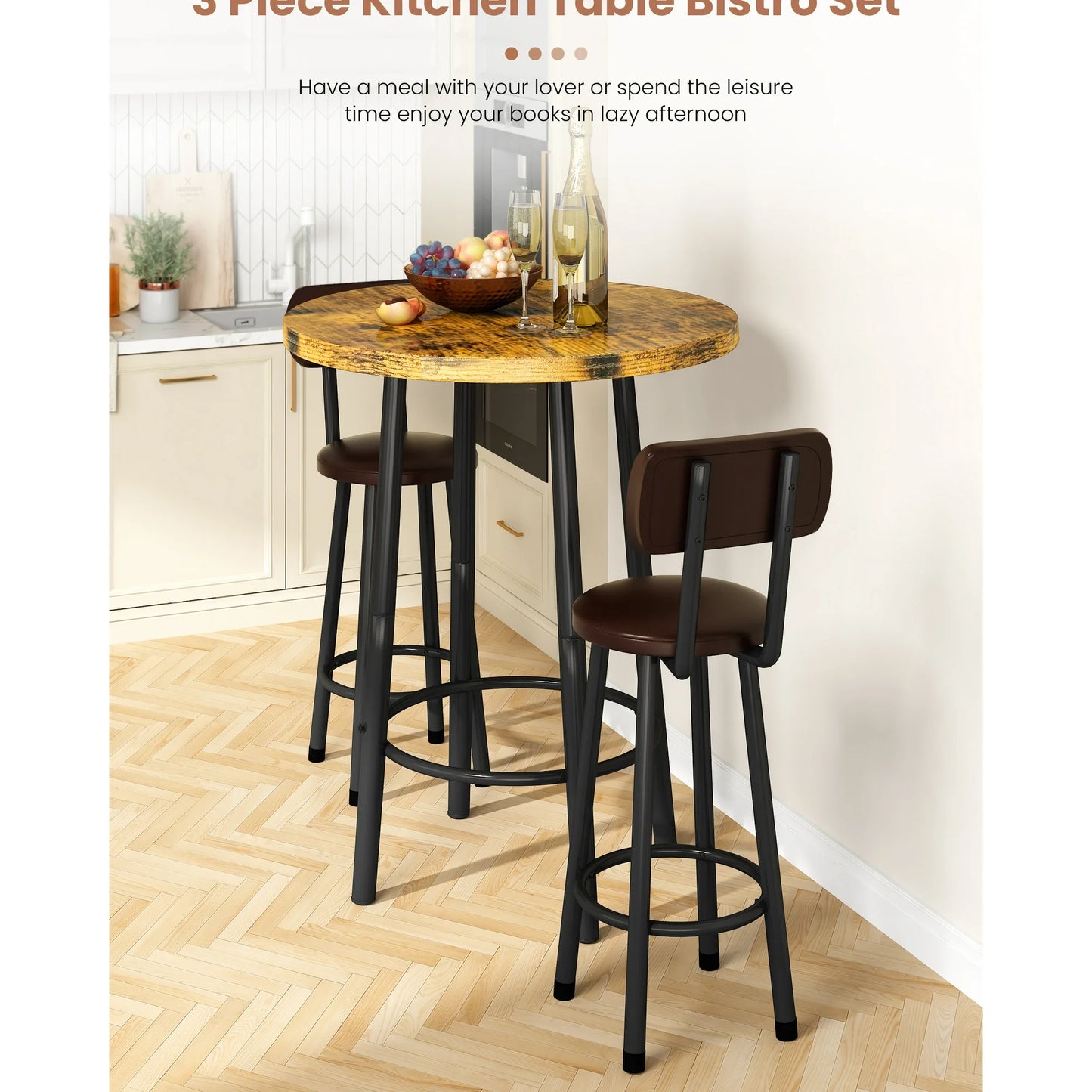 LTTROMAT 3 Pieces Bar Table Set, Bistro Kitchen Table Sets with 2 PU Leather Bar Stools, Wood Pub Bar Table Set for Breakfast Nook Small Space Restaurant, Round Table
